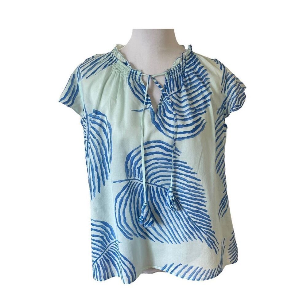 Vinyard Vines Flutter Sleeve Cotton Gauze Tassel Top Blue and Green Floral Size